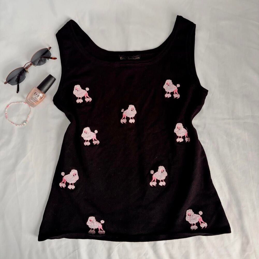 Vintage Erin Matthews black tank top with pink poodle embroidery